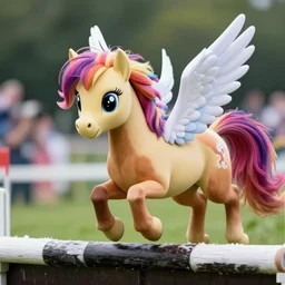 action shot from a distance of 2 0 m of a hybrid my little pony ( appaloosa horse ), professional, high quality, saturated colored mane, wings, a horse is at a steeplechase event, 4 k, dof, bokeh, action, dramatic lighting, photorealistic, detailed, hq, photorealism, digital art