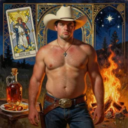 a dramatic, epic, ethereal painting of a handsome thicc shirtless cowboy | he has a beer belly wearing a large belt and cowboy hat | background is a late night campfire with food and jugs of whisky | homoerotic | fire, flames, stars, tarot card, art deco, art nouveau, mosaic, intricate | by Mark Maggiori | trending on artstation