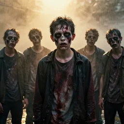 zombie - boy in real life, face centered portrait of zombie - boy, confident, fog, rain, volumetric lighting, beautiful, golden hour, sharp focus, ultra detailed, cgsociety by leesha hannigan, ross tran, thierry doizon, kai carpenter, ignacio fernandez rios, noir art house, 4 k, 3 5 mm, fujifilm