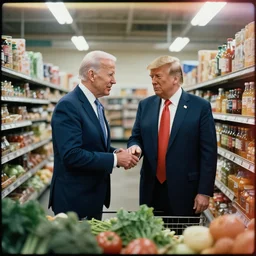 joe biden and trump buying groceries. center frame medium shot, shot on technicolor cinemascope 35mm anamorphic lense, flare