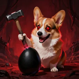 evil corgi doge laughing maliciously as he strikes a hammer against a black egg, horror, lovecraft, eldritch, demonic, wicked, creepy red lighting, glowing red eyes.