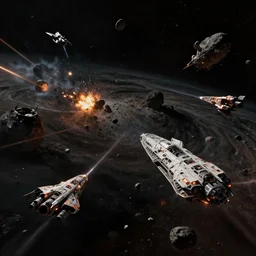 Wide shot of a spaceship battle and fighters , explosions and lasers, burning wrecks. Asteroid belt. Scenic view, in the void of space, underexposed, matte painting by Craig mullins and Emmanuel_Shiu and john berkey, cinematic, dark sci-fi, concept art trending on artstation, 4k, insane details, ultra realistic