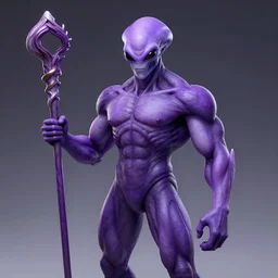 muscular purple alien holding a staff