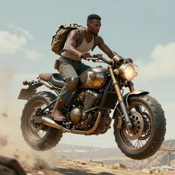 an concept art illustration, african man riding on a large floating steampunk motorcycle, cinematic, fantasy, style by wlop, trending in artstation, cgsociety, octane render, ultra sharp, unreal engine, 8 k