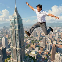 bongbong marcos jumping from the highest building in the world, detailed intricate illustration, detailed illustration, hd, 4 k, digital art, overdetailed art, by greg rutkowski, by loish, complementing colors, trending on artstation, deviantart