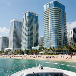 futuristic miami with crowded beach and humongous glass buildings with green balconies, view from a boat, volumetric light, hyperdetailed, artstation, cgsociety, 8 k