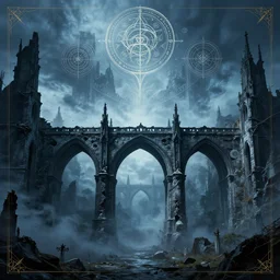 explosion bridge, ruins, dark fantasy, arch bridge, neogothic architecture, symmetry, poster design, zdzisław beksiński, hr giger, occult mystical symbols in real life, high detail, blue fog