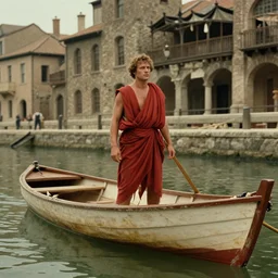 1 9 7 0 s movie still of a man in red drapery in a small flesh boat next to a antique city, eastmancolor, heavy grain, high quality, high detail