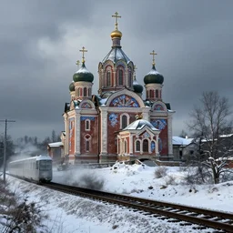 [ uaz 3 9 0 9 bukhanka painted as christian orthodox church, with crosses ] driving beside the syberian railroad, epic fantasy, winter, the elder scrolls v : skyrim, dramatic lighting, establishing shot, by simon stalenhag