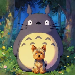 A psychedelic portrait of my neighbor totoro style puppy yorkshire terrier, vibrant color scheme, highly detailed, in the style of romanticism, cinematic, artstation, Greg rutkowski