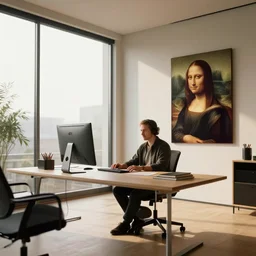 kodak portra 4 0 0 photographic and realistic, a modern room large windows with a clean desk, nothing on the desk except for a desktop computer, detailed, a professional writer sitting at the desk, octane render, unreal engine, 4 k, artstation, hyper realistic, wide angle, 3 5 mm, sharp focus, warm light, in the style of leonardo da vinci