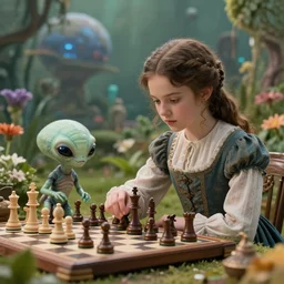 still from a sci fi blockbuster movie made in 2022, set in 1860,  a girl playing chess with a small cute humanoid alien creature, wearing 1850s era clothes, in a garden full of alien plants and flowers, on an alien planet, good lighting, 8k, in focus faces, good quality photography