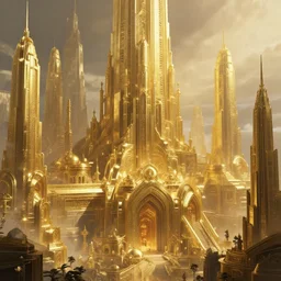 a matte painting of beautiful religious golden science fiction city, with large buildings, cinematic lighting, hd, atmospheric, hyper detailed, trending on artstation, deviantart, digital painting, concept art smooth sharp focus illustration, art by artgerm, greg rutkowski, craig mullins and raoul marks