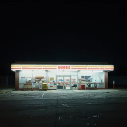 abandoned convenience store, distant lights, at night.