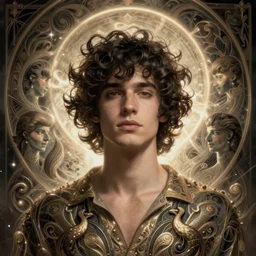 young punk rock man with dark brown waist length curly hair and glowing halo, ethereal, dramatic lighting, fantasy, intricate, elegant, highly detailed, digital painting, artstation, concept art, smooth, sharp focus, illustration, art by Krenz Cushart and Artem Demura and alphonse mucha