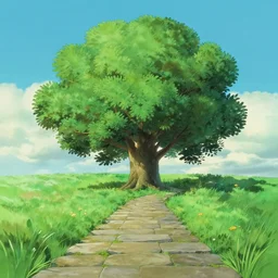 cute ash tree, stone walkpath landfield, backdrop matte painting by ghibli pixar studio miyazaki ghibli