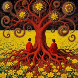 two people in red desert captured by massive intricate mystical roots of in a sea of yellow flowers, surrounded by swirls of prickly flowers, highly detailed, intricate, surreal, painting by Franz Marc, part by Yoji Shinkawa, part by Norman Rockwell