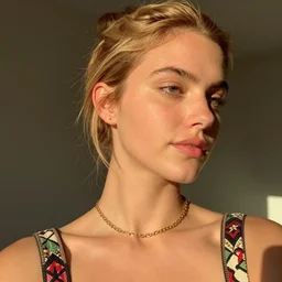 vintage photograph of an olive skinned female model with strawberry blonde hair in her twenties, her hair pinned up, wearing a designer top and one gold standard chain necklace, looking content, focused on her neck, photo realistic, extreme detail skin, natural beauty, no filter, slr, golden hour, 4 k, high definition, selfie