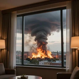inside of a hotel, windows view out to a fire tornado, digital art, realistic, low depth field, trendimg on artstation, beautiful, highly detailed