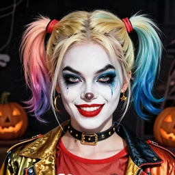 cosplay on Harley Quinn on Halloween, illustration, comic, by James Jean, by John Coltrane and Marc Simonetti, high detail of the face