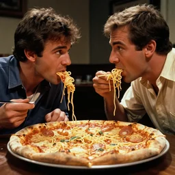 a fight between pizza and spaghetti, inspired by west side story, canon 5 0 mm, cinematic lighting, photography, retro, film, kodachrome