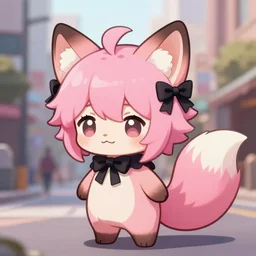 a chibi anthropomorphic pink fox fursona with wild hair and a fluffy tail, a furry wearing black ribbons, city streets background