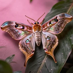 high quality macro photo pearlescent cecropia moth! jeweled gorgeous! highly detailed digital art david ligare elson peter cinematic pink neon lighting high quality low angle hd 8k sharp shallow depth of field