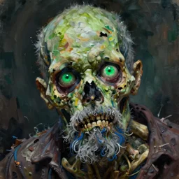 a beautiful oil painting hyperrealism of a decayed zombie head, green bulging eyes, rotten green skin, grey beard, blue veins, skull bones, moody lighting, 8 k resolution, octane render, trending on artstation, by h. r. giger and greg rutkowski