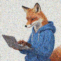 a fox in a blue hoodie typing in a notebook, white background, concept art, anime style, digital art picture, highly detailed, artstation, detailed, award winning, colorful