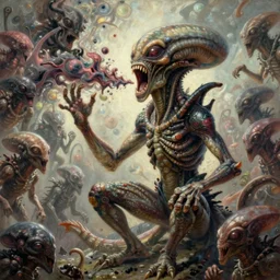 a hyper - detailed painting of a deformed alien with various eyes, legs and arms, with skin with scales and strange textures, his mouth is open and they are screaming, from his mouth come out various chaotic monsters seeking revenge on evil humans and enslaving aliens
