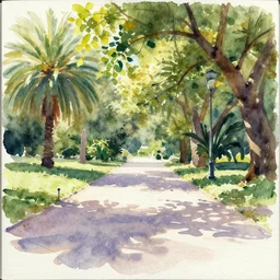 small centered on watercolor paper, paint brush strokes, abstract watercolor painting of royal park, daylight, shadows, covering foliage over luxurious pathway, palm trees and oak, sunlight shining through leaf, translucent leaves, cinematic light, national romanticism by hans dahl, by jesper ejsing, by anders zorn, by greg rutkowski, by greg manchess, by tyler edlin