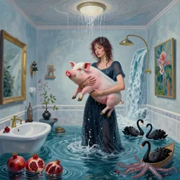 tall female emo artist holding a pig in her flooded bathroom, water gushing from ceiling, painting of flood waters inside an artist's bathroom, a river flooding indoors, pomegranates, pigs, ikebana, zen, water, octopus, river, rapids, waterfall, black swans, canoe, berries, acrylic on canvas, surrealist, by magritte and monet