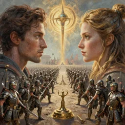 the armies of man and woman, fantasy character portrait!!, facing each other!!!!!!!!!!!! ultra realistic, wide angle, the fifth element artifacts, highly detailed, artwork by peter mohrbacher, boris vallejo, craig mullins