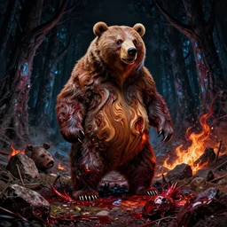 high resolution 4 k goru, blood, furry bears horror made in abyss design bizarre design body a field of cool colors shading war bloody war wounded country bears rock afire explosion billy bob dark forest fractal light through canopy black sky ziricote ivory brazilian rosewoodart in the style of and akihito tsukushi