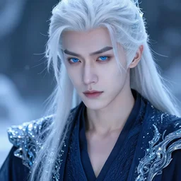 portrait of alluring cryomancer, face details, dark blue robes, unbuttoned, ice powers, white hair, blue eyes, pale skin, high fantasy, extremely detailed, smooth, sharp focus, illustration, by rossdraws, frank franzzeta, artgerm, collectable card art