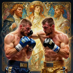 ukranian klitchko punch russian alexandr povetkin, saint, intricate, highly detailed, my rendition, digital painting, artstation, concept art, sharp focus, illustration, art by artgerm and greg rutkowski and alphonse mucha, 8 k ultra realistic, lens flare, atmosphere, glow, detailed, intricate, full of colour, led lighting, 4 k, hyperrealistic, focused, extreme details, unreal engine 5, masterpiece