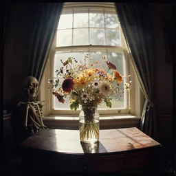 a skeleton in a victorian room kodak portra 4 0 0, wetplate, extreme fish eye, moody still life 1 8 4 5 portrait by charles sheeler of a single jar filled with flowers, sparkling jewels between a sunlit window, in bright warm sunlight, godrays shinging through the window, golden summer, muted colours, haze, trees outside, no people,