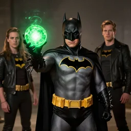 man donning a batman costume whilst brandishing a green glowing orb jean sebastien rossbach jeff easley jen bartel