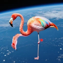 rainbow colored flamingo, multicolored feathers, space travel, hubble, nasa, archive photo, orbiting earth