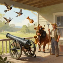 A digital painting of a cannon on a porch. Birds are flying over and one of them is hit by a vase that was thrown into the air. A bull plays saxophone while next to the bull a farmer with a pitchfork smokes a cigarette.