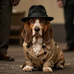 A still of basset hound wearing a trench coat and fedora in a noir film