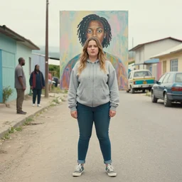 still from music video of annalynne mccord from die antwoord standing in a township street, wearing a hoodie, street clothes, full figure portrait painting by njideka akunyili crosby and martine johanna, earl norem, ismail inceoglu, pastel color palette, 3 5 mm lens