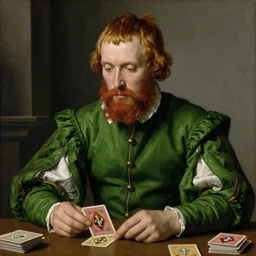 intricate beautiful medium - shot, the card player man with short reddish beard, blonde reddish hair, in green clothes of 1 7 th century, matte painting, renaissance painting, by paul sezanne by leyendecker, by artgerm, rutkowskyi