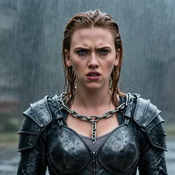 angry scarlett johansson, wearing rain soaked chains armour in heavy rain, incredibly fine detailed portrait, battle angel alita, black and white, dynamic angle, pencil and ink manga, elegant, full body profile, far way wide angle 3 5 mm camera shot, highly detailed, dramatic full moon lighting, gothic castle prodominently in the background, movie cover