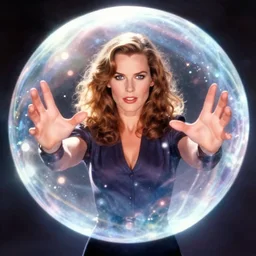 drew struzan style movie color poster of grace kelly dressed as sue storm, the invisible woman from the fantastic four, with her hands held up, she is generating an iridescent bubble of particles around her body in the form of a shimmering bubble force field, soft focus, bokeh, 5 0 mm