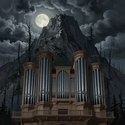 pipe organ buildings, upside down mountains hell dark clouds at the summit dead forests close up, buildings artstation illustration sharp focus moonlit vista painted by ruan jia raymond swanland lawrence alma tadema zdzislaw beksinski norman rockwell tom lovell alex malveda greg staples