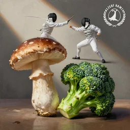 a mushroom and a broccoli having a fencing duel painted by alexander hamilton