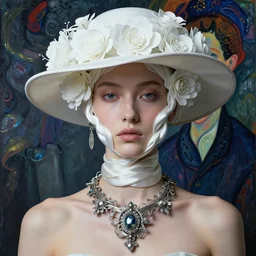 a beautiful futuristic portrait with hat made white plastic flowers and silk twisted around her face, necklace made by silk and wire, design by balenciaga, inspired by egon schiele, modern art, baroque art jewelry, new classic, hyper realistic, cinematic composition, cinematic lighting, fashion design, concept art, hdri, 4 k
