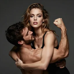 A strong man with strong biceps has another man in a stranglehold