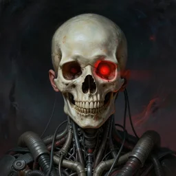 surreal portrait of a man by Greg Rutkowski and H.R Giger, a biomechanical skull from whose sockets a red light emanates, between human and alien, connected by pipes and cables, terrifying, disturbing, cosmic void background, frightening, fascinating, highly detailed portrait, digital painting, book cover, artstation, concept art, smooth, sharp foccus ilustration, Artstation HQ.